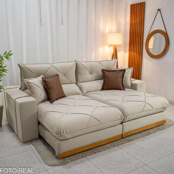 Sofá Retrátil Reclinável Gran Bello 2.30m Veludo Bege - Molas Ensacadas Pocket.R