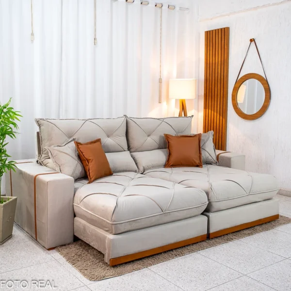 Sofá Retrátil Reclinável Gran Bello 2.30m Veludo Capuccino - Molas Ensacadas.R