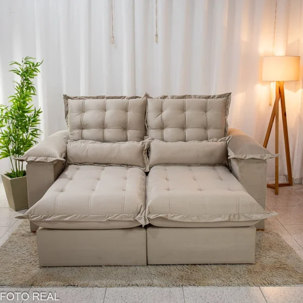 Sofá Retrátil Reclinável Maldivas 2.10m Veludo Bege A32 - Espuma Pró Aditivada