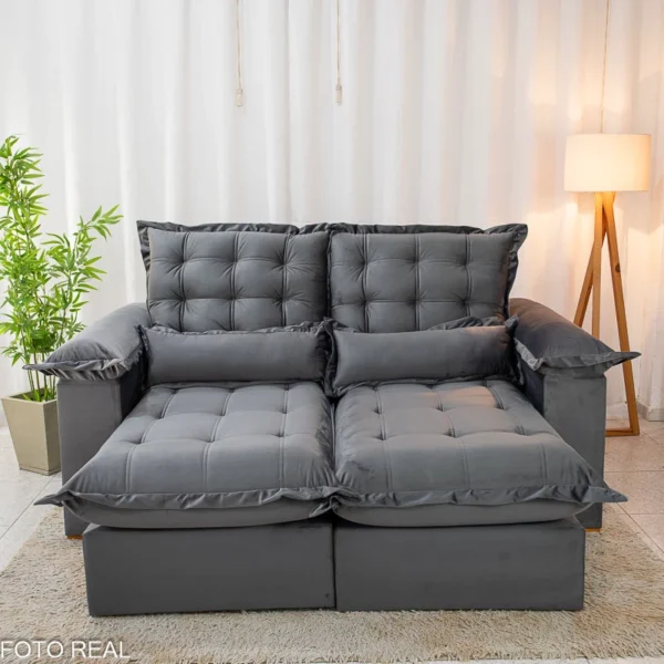 Sofá Retrátil Reclinável Maldivas 2.10m Veludo Grafite A15 - Espuma Pró Aditivada.R