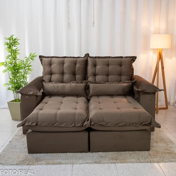Sofá Retrátil Reclinável Maldivas 2.10m Veludo Marrom A17 - Espuma Pró Aditivada