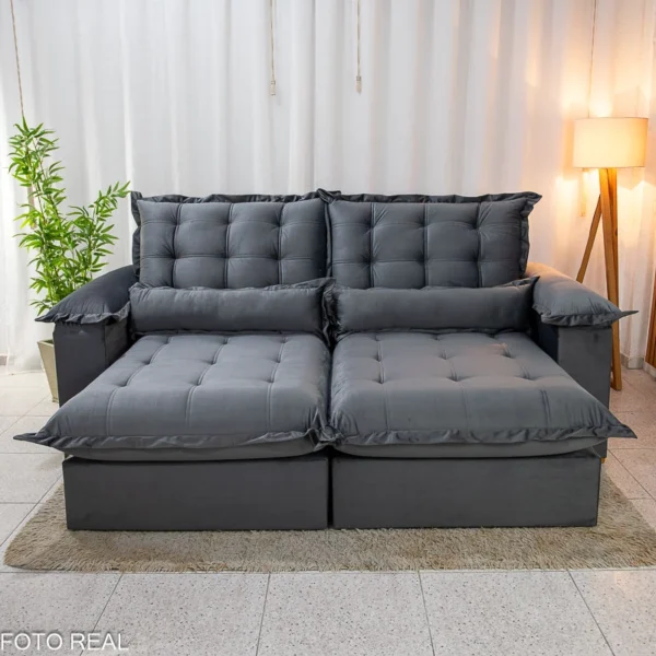 Sofá Retrátil Reclinável Maldivas 2.30m Veludo Grafite A15 - Espuma Pró Aditivada.R
